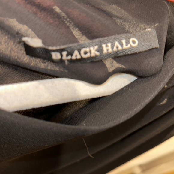 Black Halo earthy Tropical reeds FALL gold asymmetrical sleeve dress S AS NEW - Picture 2 of 5